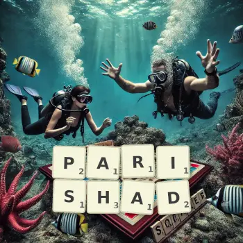 Creative illustration for a Scrabble game with the word PARISHAD spelled out in tiles on the board.