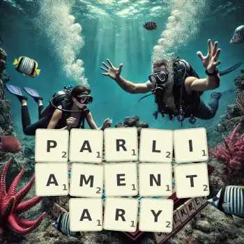 Creative illustration for a Scrabble game with the word PARLIAMENTARY spelled out in tiles on the board.