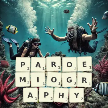 Creative illustration for a Scrabble game with the word PAROEMIOGRAPHY spelled out in tiles on the board.