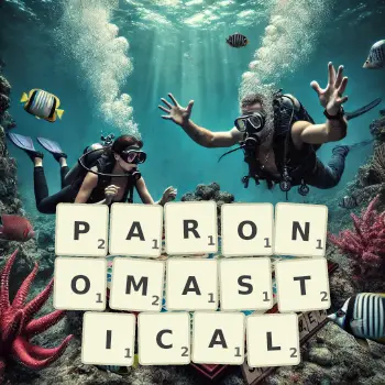 Creative illustration for a Scrabble game with the word PARONOMASTICAL spelled out in tiles on the board.