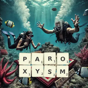 Creative illustration for a Scrabble game with the word PAROXYSM spelled out in tiles on the board.