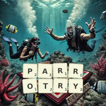 Creative illustration for a Scrabble game with the word PARROTRY spelled out in tiles on the board.