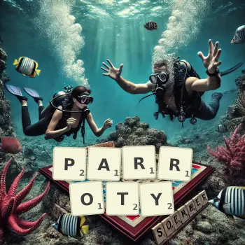 Creative illustration for a Scrabble game with the word PARROTY spelled out in tiles on the board.