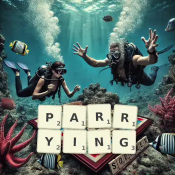 Creative illustration for a Scrabble game with the word PARRYING spelled out in tiles on the board.