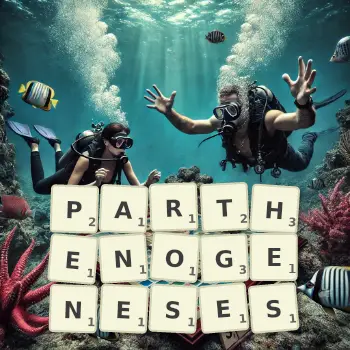Creative illustration for a Scrabble game with the word PARTHENOGENESES spelled out in tiles on the board.