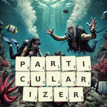 Creative illustration for a Scrabble game with the word PARTICULARIZER spelled out in tiles on the board.