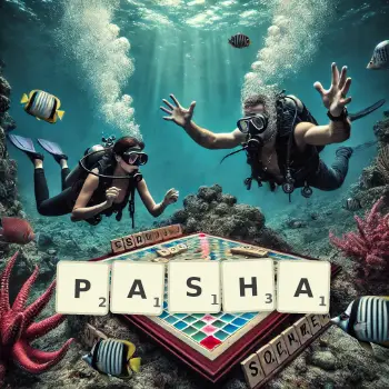 Creative illustration for a Scrabble game with the word PASHA spelled out in tiles on the board.