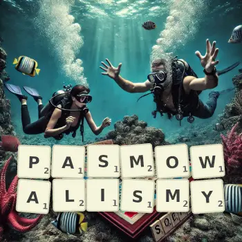 Creative illustration for a Scrabble game with the word PASMOWALISMY spelled out in tiles on the board.