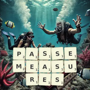 Creative illustration for a Scrabble game with the word PASSEMEASURES spelled out in tiles on the board.
