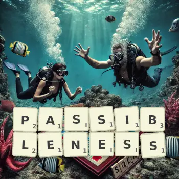 Creative illustration for a Scrabble game with the word PASSIBLENESS spelled out in tiles on the board.