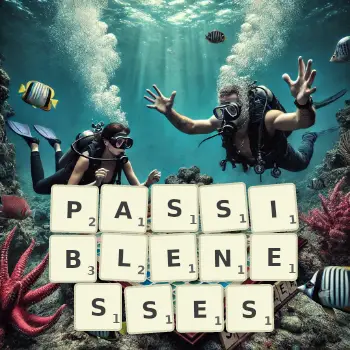 Creative illustration for a Scrabble game with the word PASSIBLENESSES spelled out in tiles on the board.