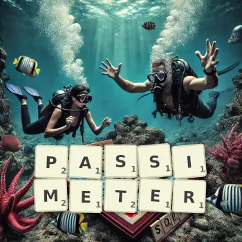 Creative illustration for a Scrabble game with the word PASSIMETER spelled out in tiles on the board.