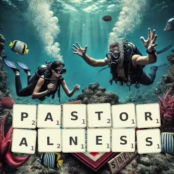 Creative illustration for a Scrabble game with the word PASTORALNESS spelled out in tiles on the board.
