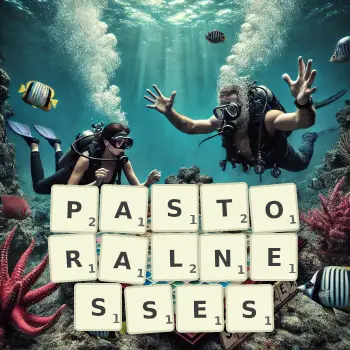 Creative illustration for a Scrabble game with the word PASTORALNESSES spelled out in tiles on the board.