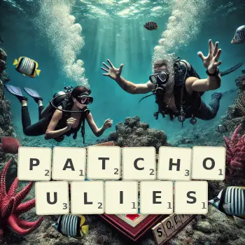Creative illustration for a Scrabble game with the word PATCHOULIES spelled out in tiles on the board.