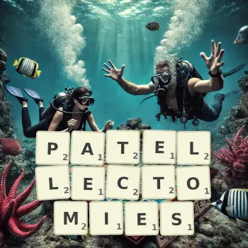 Creative illustration for a Scrabble game with the word PATELLECTOMIES spelled out in tiles on the board.