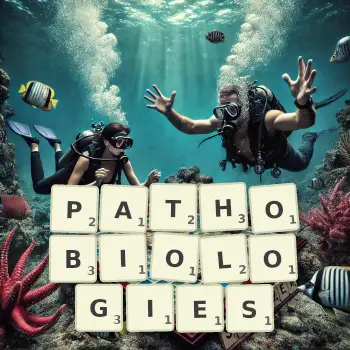 Creative illustration for a Scrabble game with the word PATHOBIOLOGIES spelled out in tiles on the board.