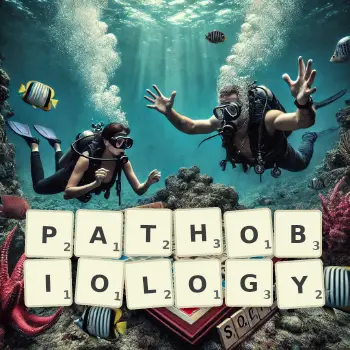 Creative illustration for a Scrabble game with the word PATHOBIOLOGY spelled out in tiles on the board.