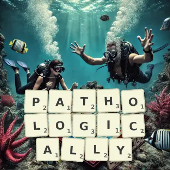 Creative illustration for a Scrabble game with the word PATHOLOGICALLY spelled out in tiles on the board.