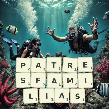 Creative illustration for a Scrabble game with the word PATRESFAMILIAS spelled out in tiles on the board.