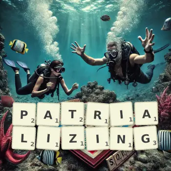 Creative illustration for a Scrabble game with the word PATRIALIZING spelled out in tiles on the board.