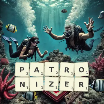 Creative illustration for a Scrabble game with the word PATRONIZER spelled out in tiles on the board.