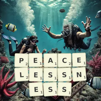 Creative illustration for a Scrabble game with the word PEACELESSNESS spelled out in tiles on the board.