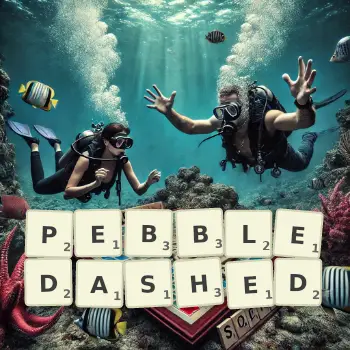 Creative illustration for a Scrabble game with the word PEBBLEDASHED spelled out in tiles on the board.