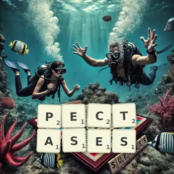 Creative illustration for a Scrabble game with the word PECTASES spelled out in tiles on the board.