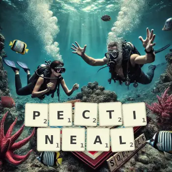 Creative illustration for a Scrabble game with the word PECTINEAL spelled out in tiles on the board.