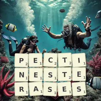 Creative illustration for a Scrabble game with the word PECTINESTERASES spelled out in tiles on the board.