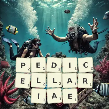 Creative illustration for a Scrabble game with the word PEDICELLARIAE spelled out in tiles on the board.