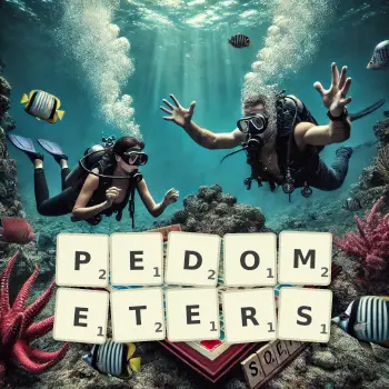 Creative illustration for a Scrabble game with the word PEDOMETERS spelled out in tiles on the board.