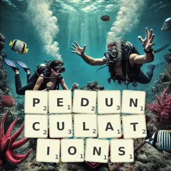 Creative illustration for a Scrabble game with the word PEDUNCULATIONS spelled out in tiles on the board.