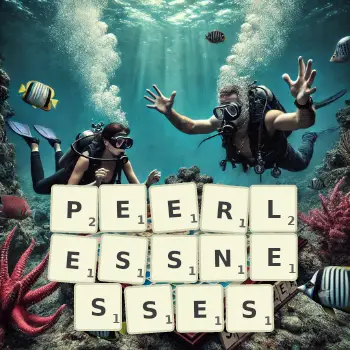 Creative illustration for a Scrabble game with the word PEERLESSNESSES spelled out in tiles on the board.