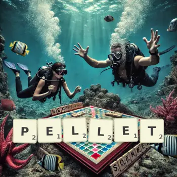 Creative illustration for a Scrabble game with the word PELLET spelled out in tiles on the board.