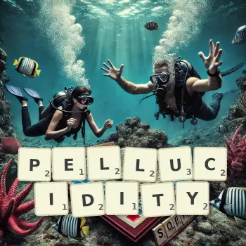 Creative illustration for a Scrabble game with the word PELLUCIDITY spelled out in tiles on the board.