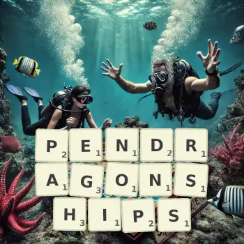 Creative illustration for a Scrabble game with the word PENDRAGONSHIPS spelled out in tiles on the board.