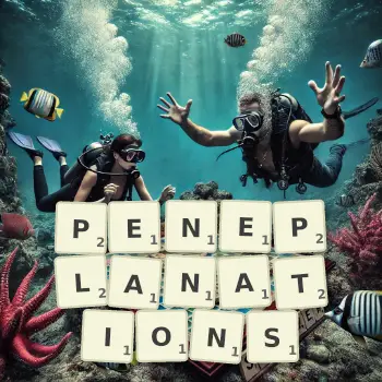Creative illustration for a Scrabble game with the word PENEPLANATIONS spelled out in tiles on the board.