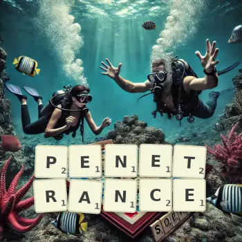 Creative illustration for a Scrabble game with the word PENETRANCE spelled out in tiles on the board.