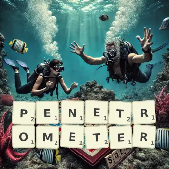Creative illustration for a Scrabble game with the word PENETROMETER spelled out in tiles on the board.