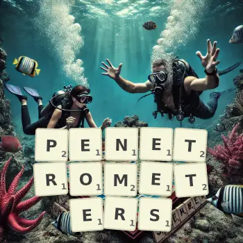 Creative illustration for a Scrabble game with the word PENETROMETERS spelled out in tiles on the board.