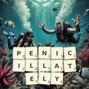 Creative illustration for a Scrabble game with the word PENICILLATELY spelled out in tiles on the board.