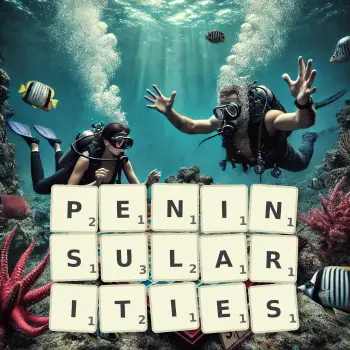 Creative illustration for a Scrabble game with the word PENINSULARITIES spelled out in tiles on the board.
