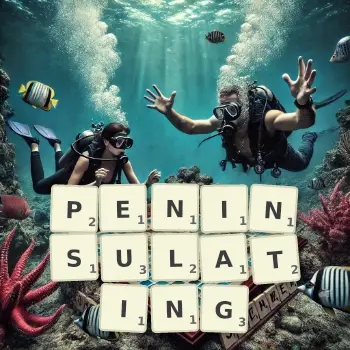 Creative illustration for a Scrabble game with the word PENINSULATING spelled out in tiles on the board.