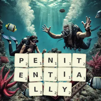 Creative illustration for a Scrabble game with the word PENITENTIALLY spelled out in tiles on the board.