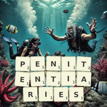 Creative illustration for a Scrabble game with the word PENITENTIARIES spelled out in tiles on the board.