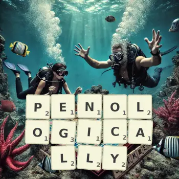Creative illustration for a Scrabble game with the word PENOLOGICALLY spelled out in tiles on the board.