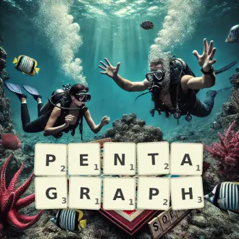 Creative illustration for a Scrabble game with the word PENTAGRAPH spelled out in tiles on the board.