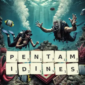 Creative illustration for a Scrabble game with the word PENTAMIDINES spelled out in tiles on the board.